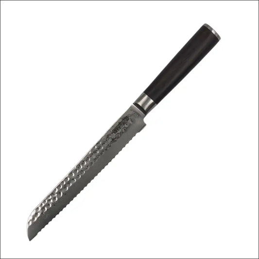 Damast Brotmesser Evolution mit Wellenschliff und FlameWOOD Griff – freigestellt auf weißem Hintergrund