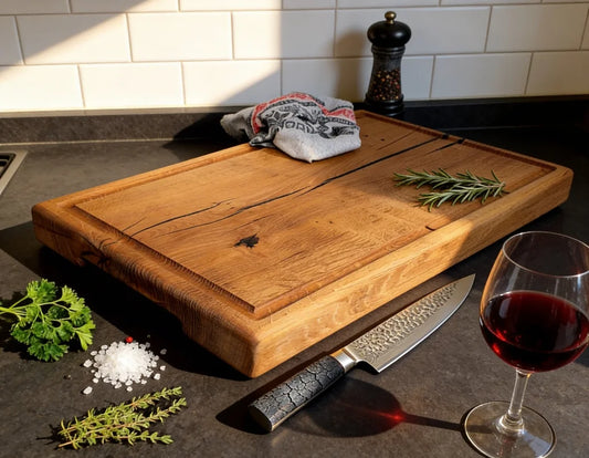 Eiche Heavy Board 70x40x6 cm aus massivem Vollholz mit Saftrille und Griffmulden, extra starkes Schneidebrett für Grill, Küche, Tranchieren und ruhiges Arbeiten