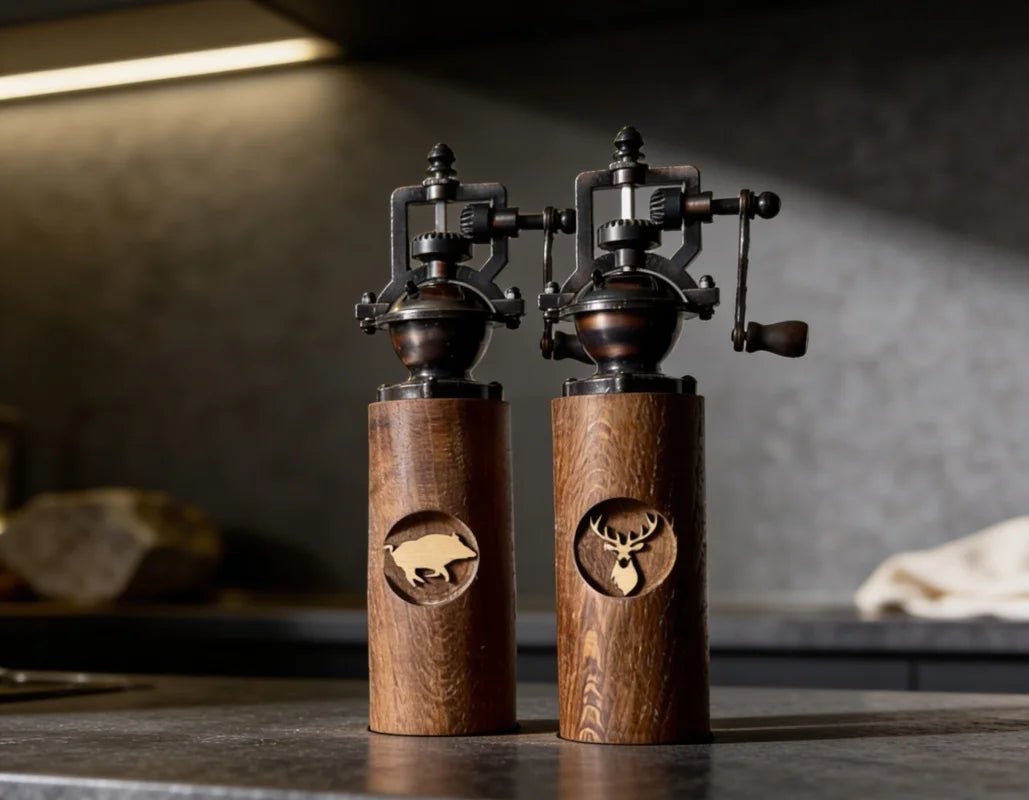 Salz & Pfeffermühle aus geräuchertem Eichen Holz mit Untersetzer und einstellbarem Keramikmahlwerk