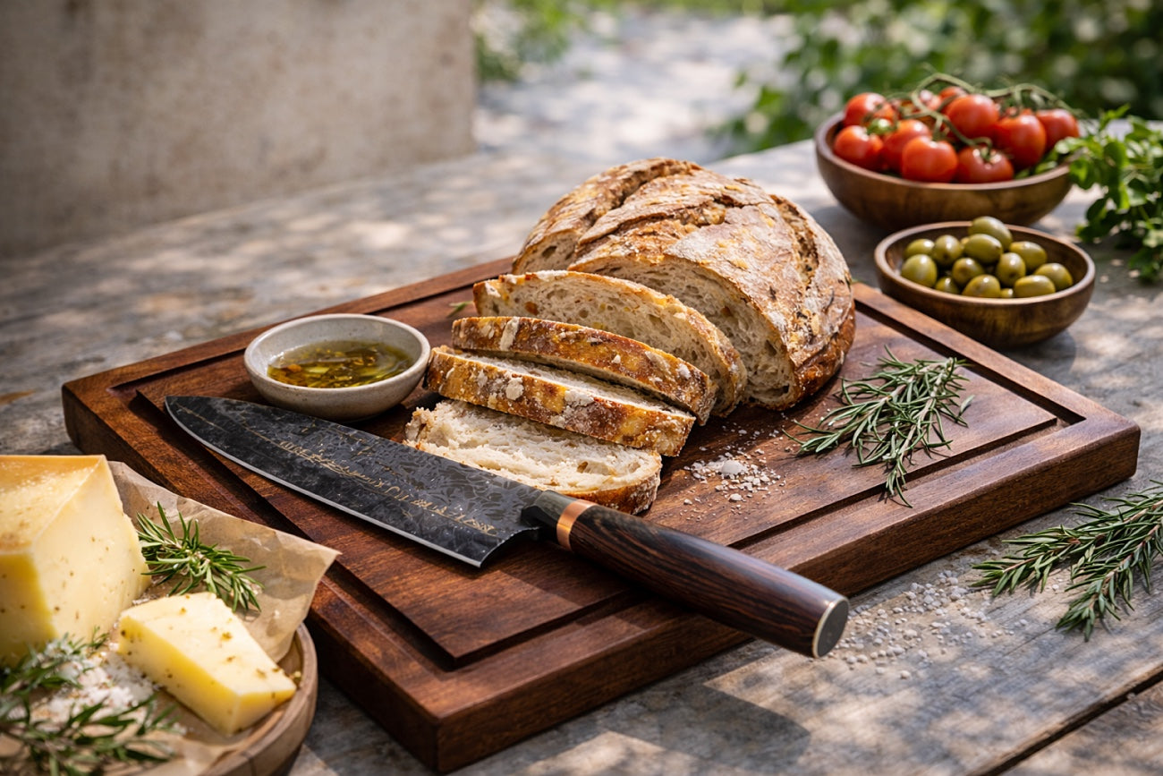  Massives Holzbrett mit angerichtetem Essen – natürliche Tischszene mit Wärme, Genuss und Servieren auf Holz von wood & more