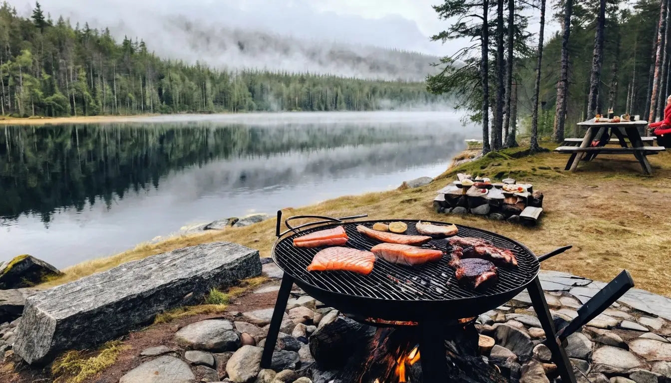 Grill im Freien mit verschiedenen Fleisch- und Fischsorten, die über offener Flamme gegart werden.