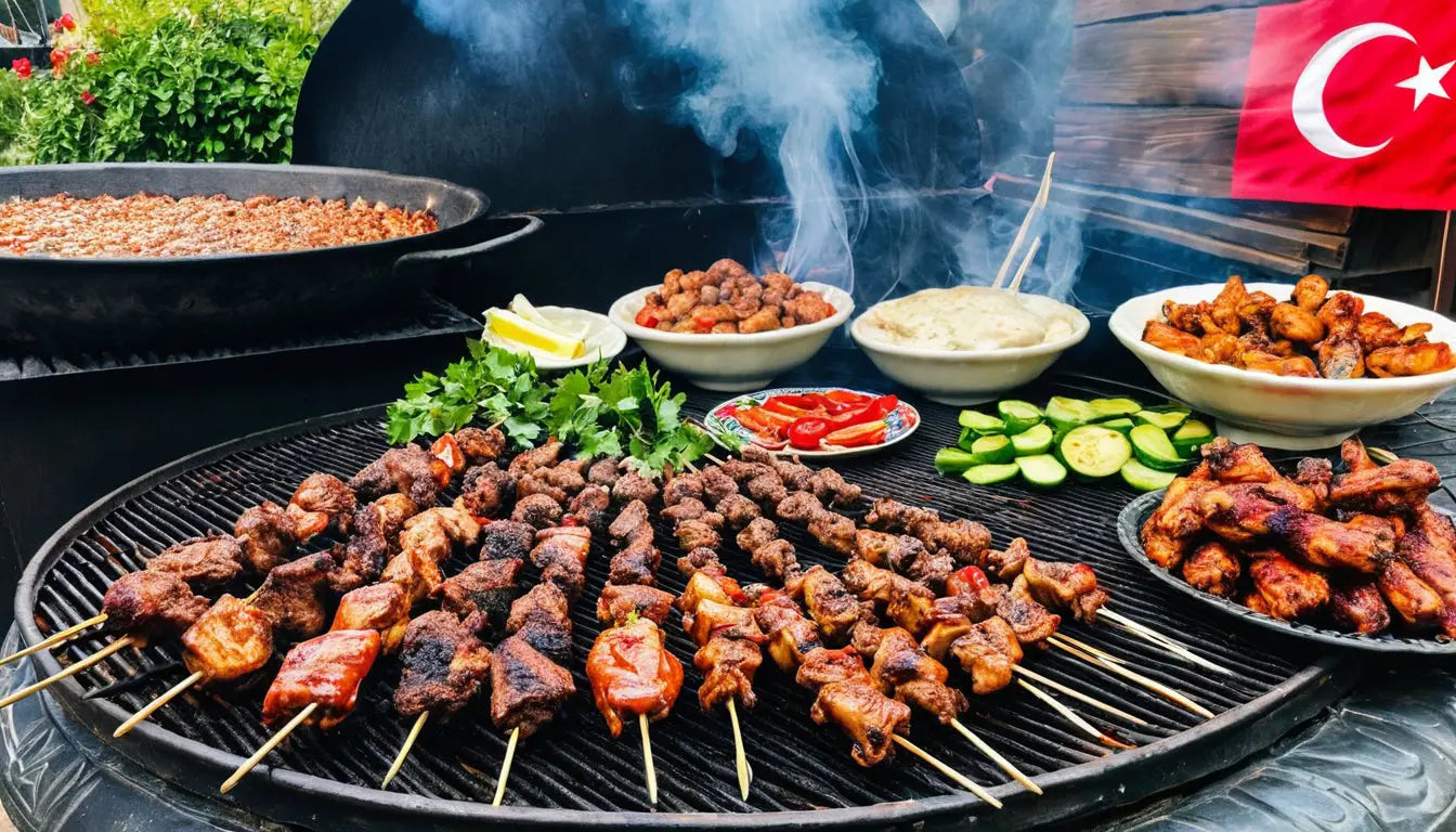 Eine Auswahl an gegrilltem Fleisch am Spieß, darunter Spieße und scheinbar Hähnchenflügel, zusammen mit verschiedenen Beilagen.