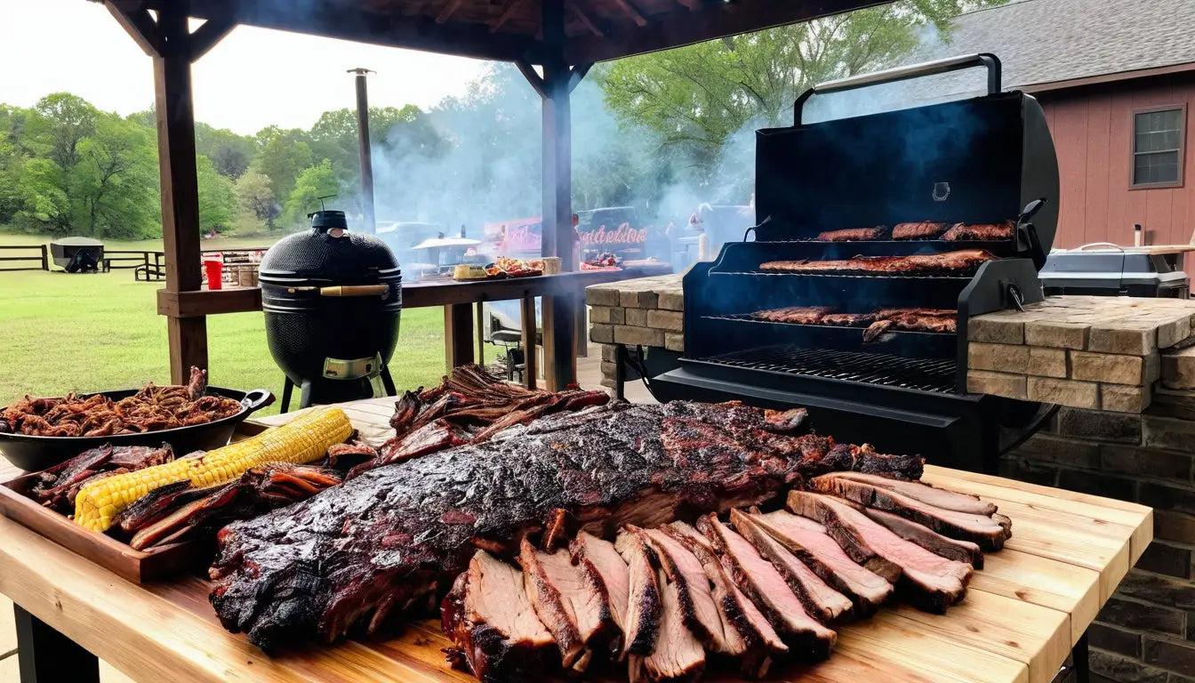 Eine köstliche Auswahl an geräuchertem Barbecue-Fleisch, darunter in Scheiben geschnittene Rinderbrust und Rippchen, sowie Maiskolben und Pulled Pork.