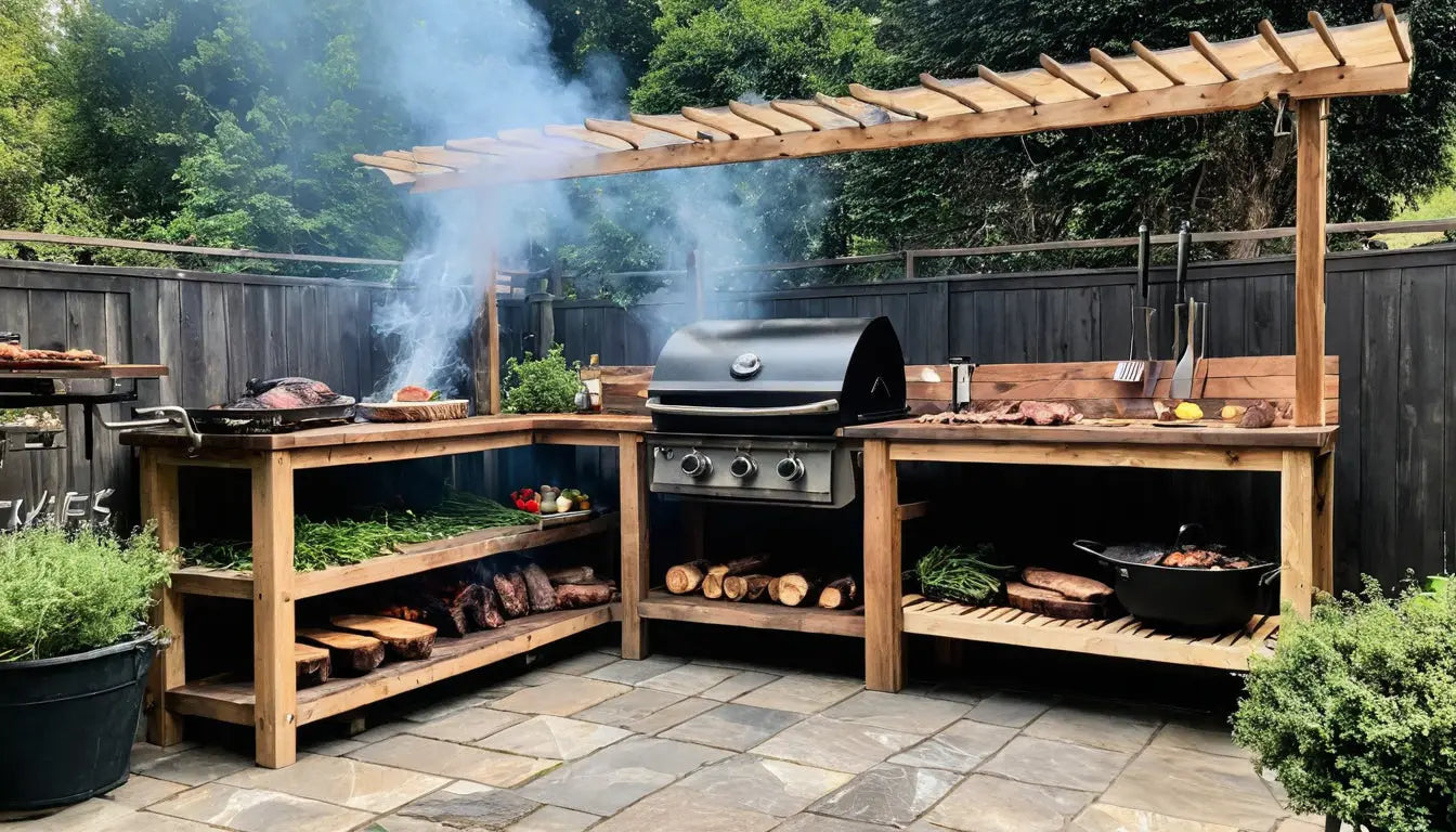 BBQ-Insel aus Holz mit mehreren Grills und Stauraum.