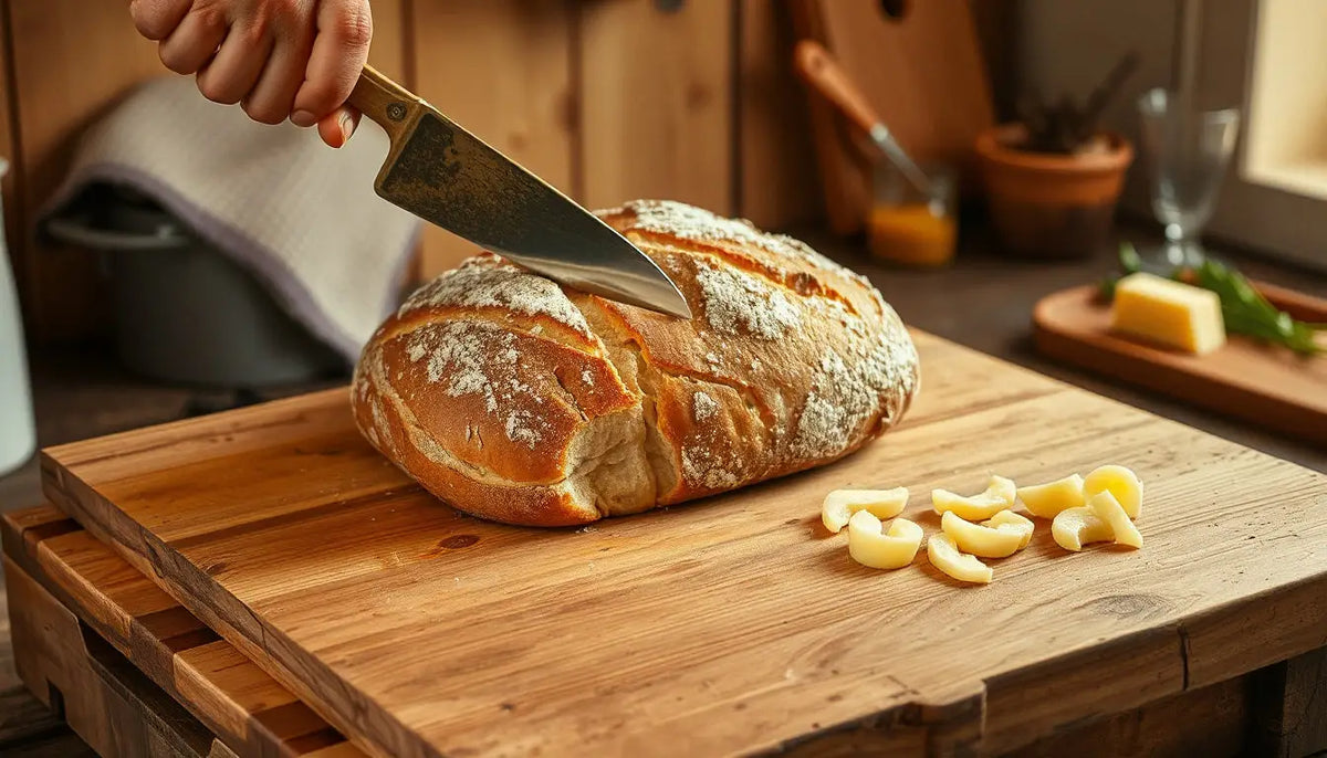 Rustikales Sauerteigbrot wird auf einem hölzernen Schneidebrett aufgeschnitten.