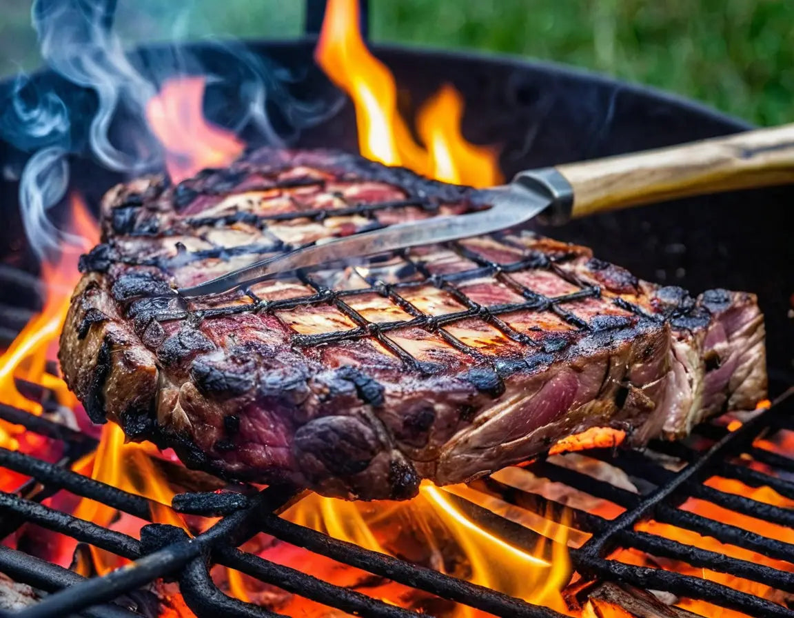 Dick geschnittenes, gut durchgebratenes Steak auf dem Grill mit Grillspuren.