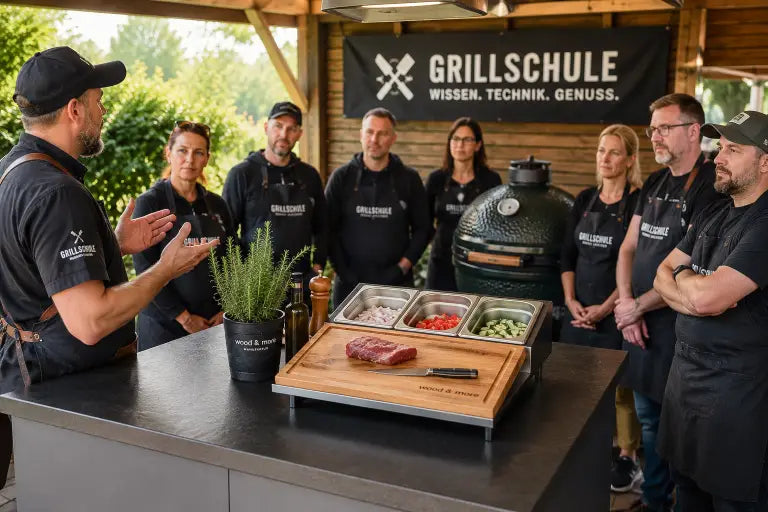 Chefstation Schneidebrett aus Vollholz mit Arbeitsstation, Auffangschalen und strukturierter Vorbereitung für Küche, Grill und BBQ.