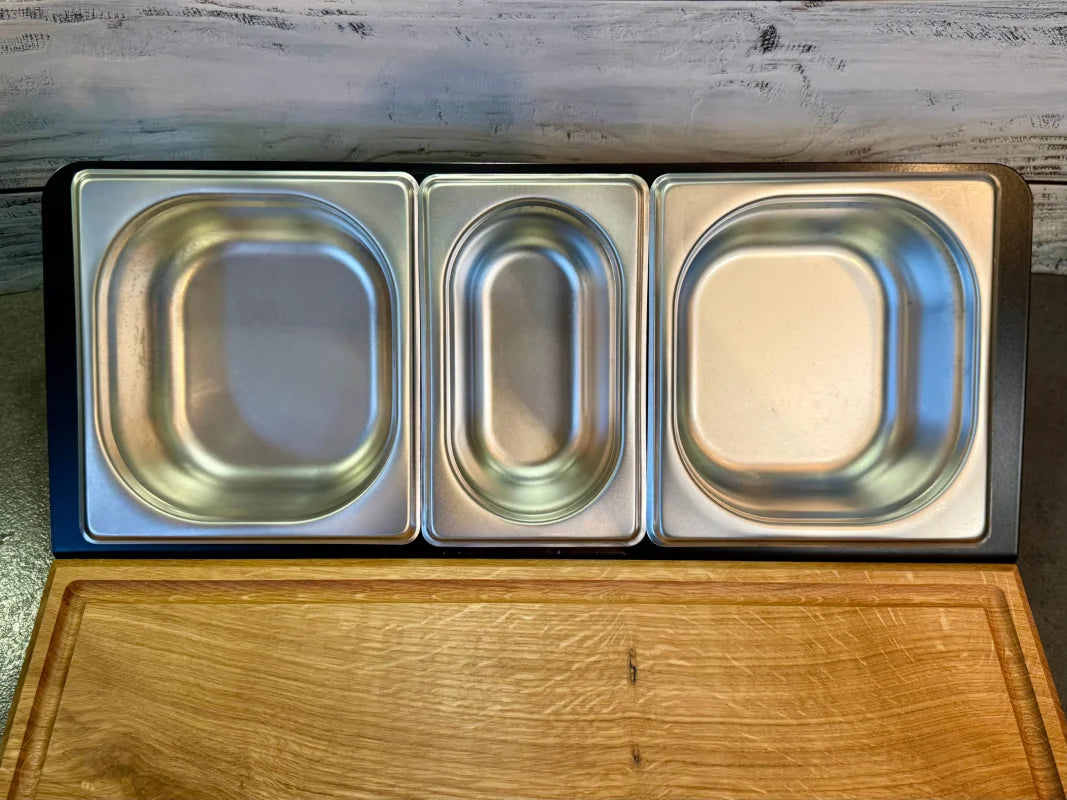 Hochwertige Chefstation aus Eiche mit Behältern und flexibler Edelstahl-Konsole