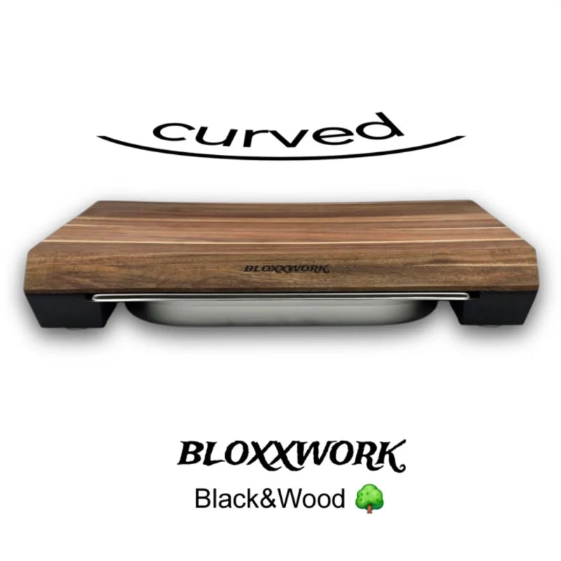 Bloxxwork Black&Wood Curved Schneidebrett aus Robinie mit Edelstahl GN-Behälter – Frontansicht