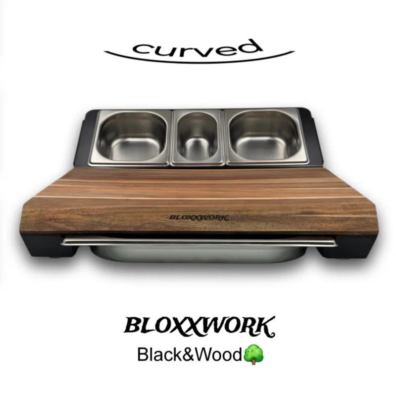 Schneide- und Tranchierstation Robinie – Curved Brett mit GN2/3 Edelstahl-Auffangschale