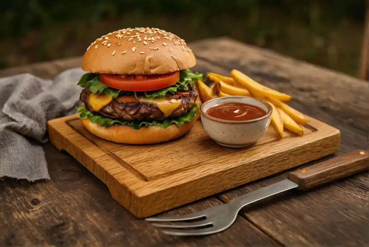 Ein Cheeseburger mit Salat und Tomate auf einem Sesambrötchen, serviert mit Pommes und Ketchup.
