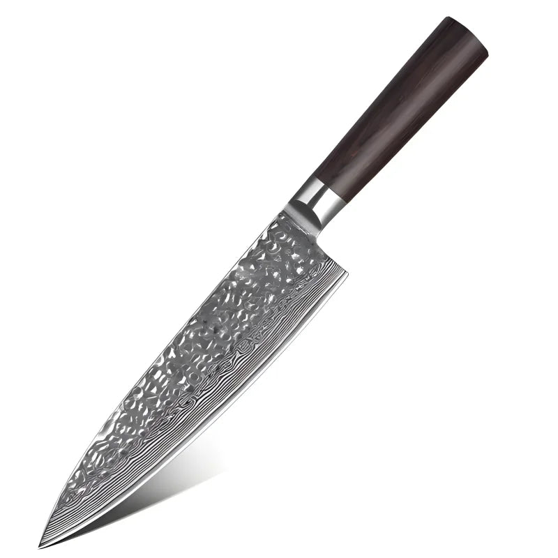 Chefbrett aus massiver Nussbaum mit Saftrille und Damast-Chefmesser mit Rosenholzgriff für Fleisch, Fisch und Gemüse