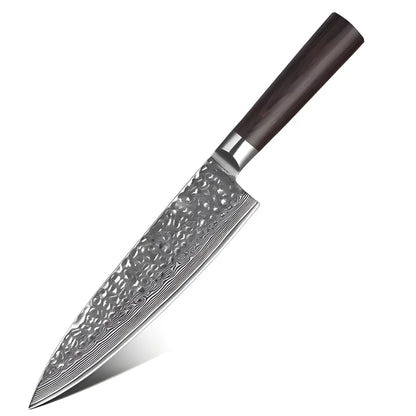 Chefbrett aus massiver Nussbaum mit Saftrille und Damast-Chefmesser mit Rosenholzgriff für Fleisch, Fisch und Gemüse