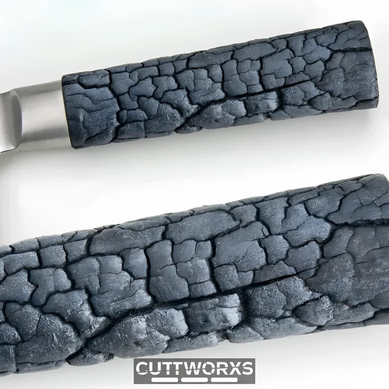 Ergonomischer FlameWOOD Griff des Damast Nakirimessers – patentiert versiegelt, dunkle Holzmaserung, wasserresistent