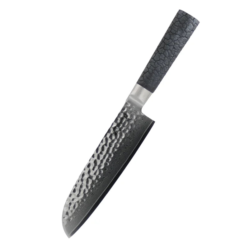 Damast Santokumesser Evolution – Allzweckmesser mit VG10-Kern und FlameWOOD Griff, freigestellt auf weißem Hintergrund
