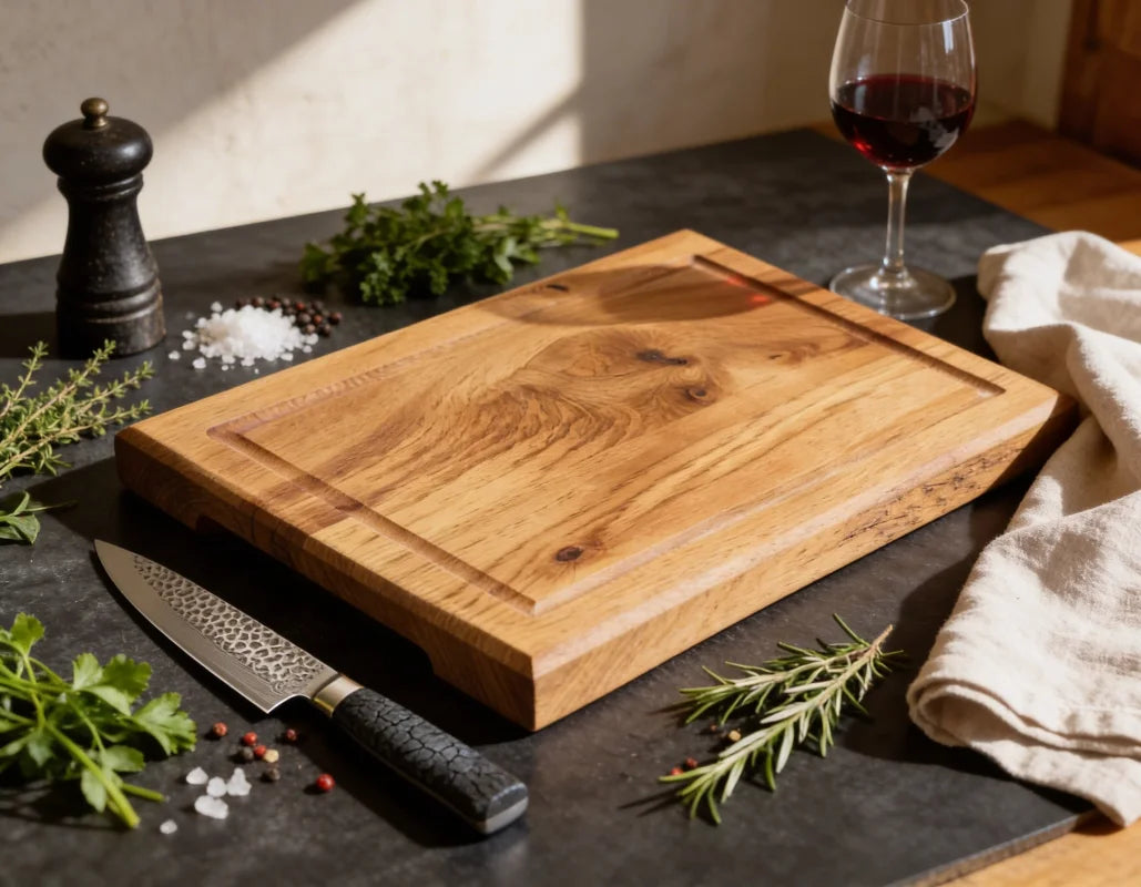 Schneidebrett Eiche 35x25x4 cm mit Griffmulde, handgefertigtes kompaktes Chefbrett aus Vollholz für Obst, Gemüse, Brotzeit und Alltag in der Küche
