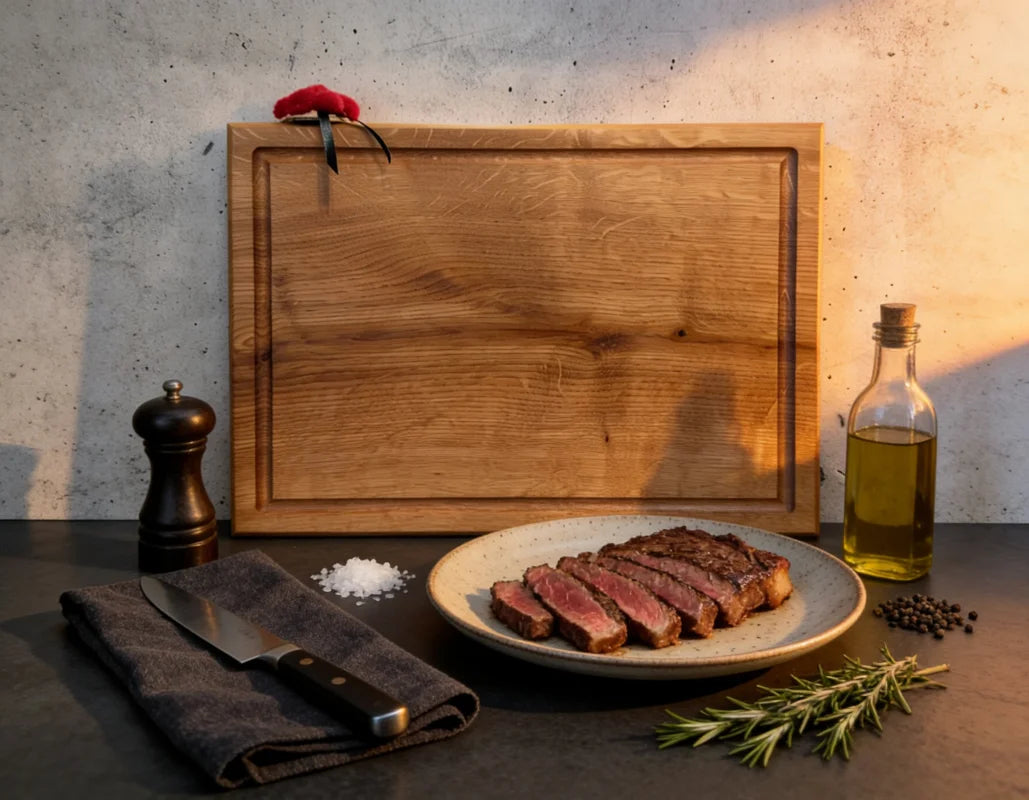 Eiche Schneidebrett aus Massivholz für Fleisch, Steak und BBQ – handgefertigtes Holzbrett mit natürlicher Maserung für Küche und Grill