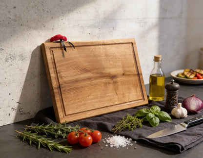 Eiche Schneidebrett aus Massivholz mit Kräutern und Gemüse – hochwertiges Holzbrett für Lebensmittelvorbereitung, Kochen und Servieren