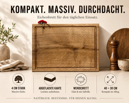 Eiche-Schneidebrett 40 × 30 cm in 4 cm Stärke mit 45°-Fase, Saftrille und glatter Rückseit