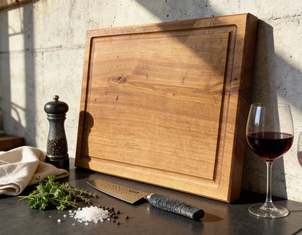 Schneidebrett Eiche 50x40 cm aus massivem Vollholz mit Saftrille, großes Küchenbrett für Fleisch, Gemüse, Grill und tägliche Vorbereitung