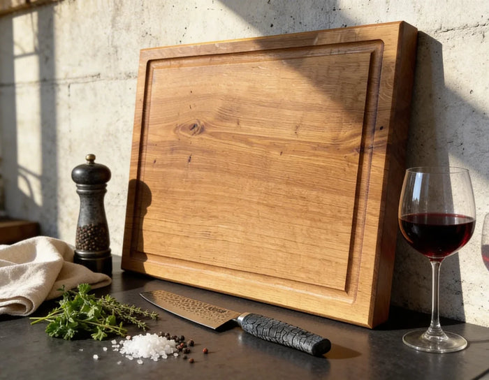 Schneidebrett Eiche 50x40 cm aus massivem Vollholz mit Saftrille, großes Küchenbrett für Fleisch, Gemüse, Grill und tägliche Vorbereitung