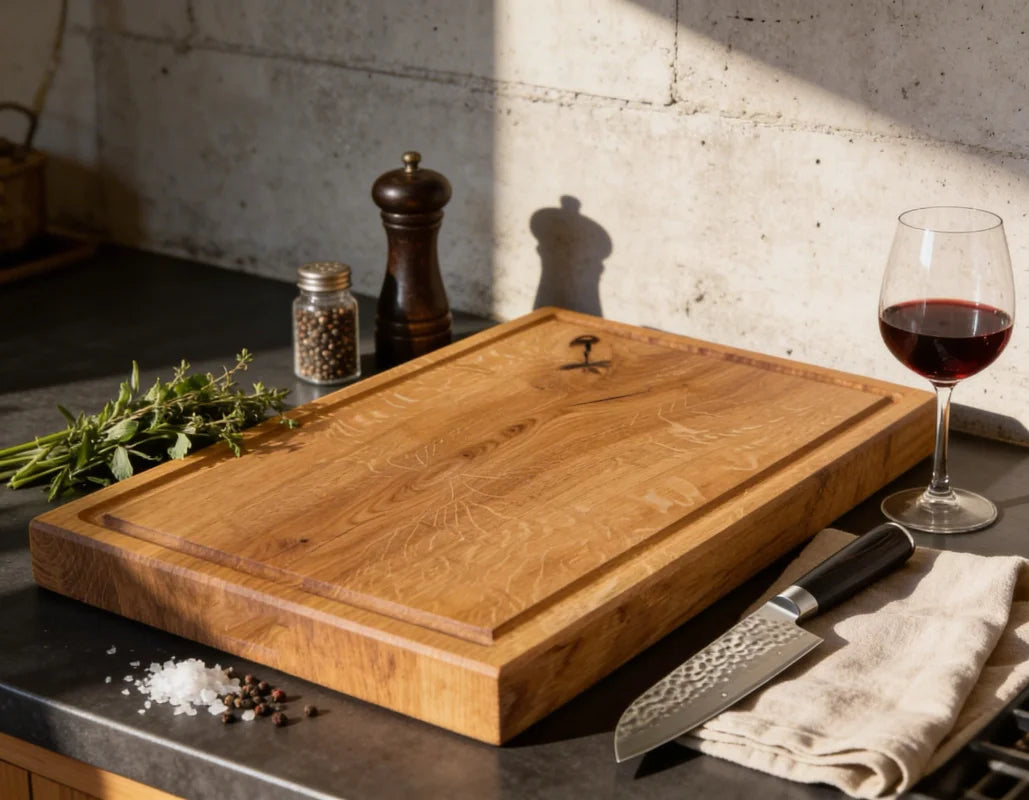 Großes Schneidebrett Eiche 60x40 cm aus massivem Vollholz mit Saftrille, handgefertigtes Holzbrett für Grill, BBQ, Fleisch und Küche