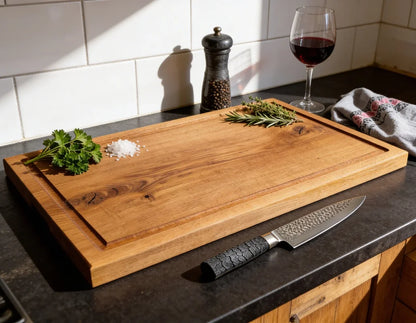 Eiche Schneidebrett 70x40x4 cm aus massivem Vollholz mit Saftrille, großes Tranchierbrett für BBQ, Braten, Gäste und Grillabende
