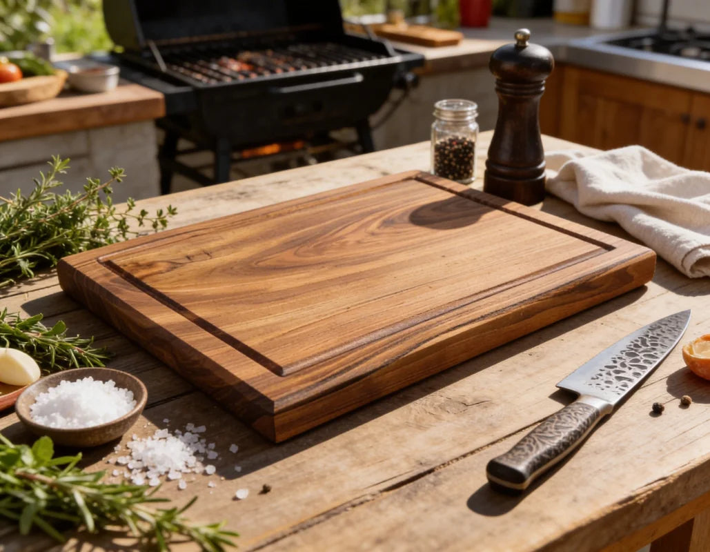 Massives Schneidebrett aus Nussbaum 46x32x4 cm, handgefertigtes Premium Brett mit optionaler Konsole für strukturierte Vorbereitung in Küche und Grillbereich 