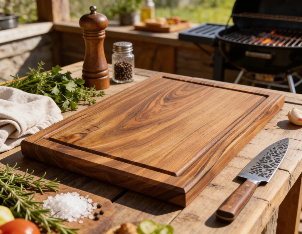 Nussbaum Schneidebrett 46x32x4 cm aus einem Stück Vollholz, beidseitig nutzbar mit Saftrille und glatter Rückseite für Küche und BBQ