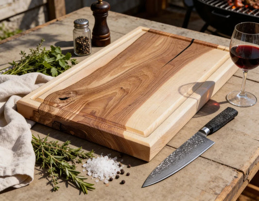Esche Schneidebrett 50x30x4 cm beidseitig nutzbar, handgefertigtes Chefbrett mit Saftrille und glatter Seite für Fleisch, Gemüse, Küche und BBQ