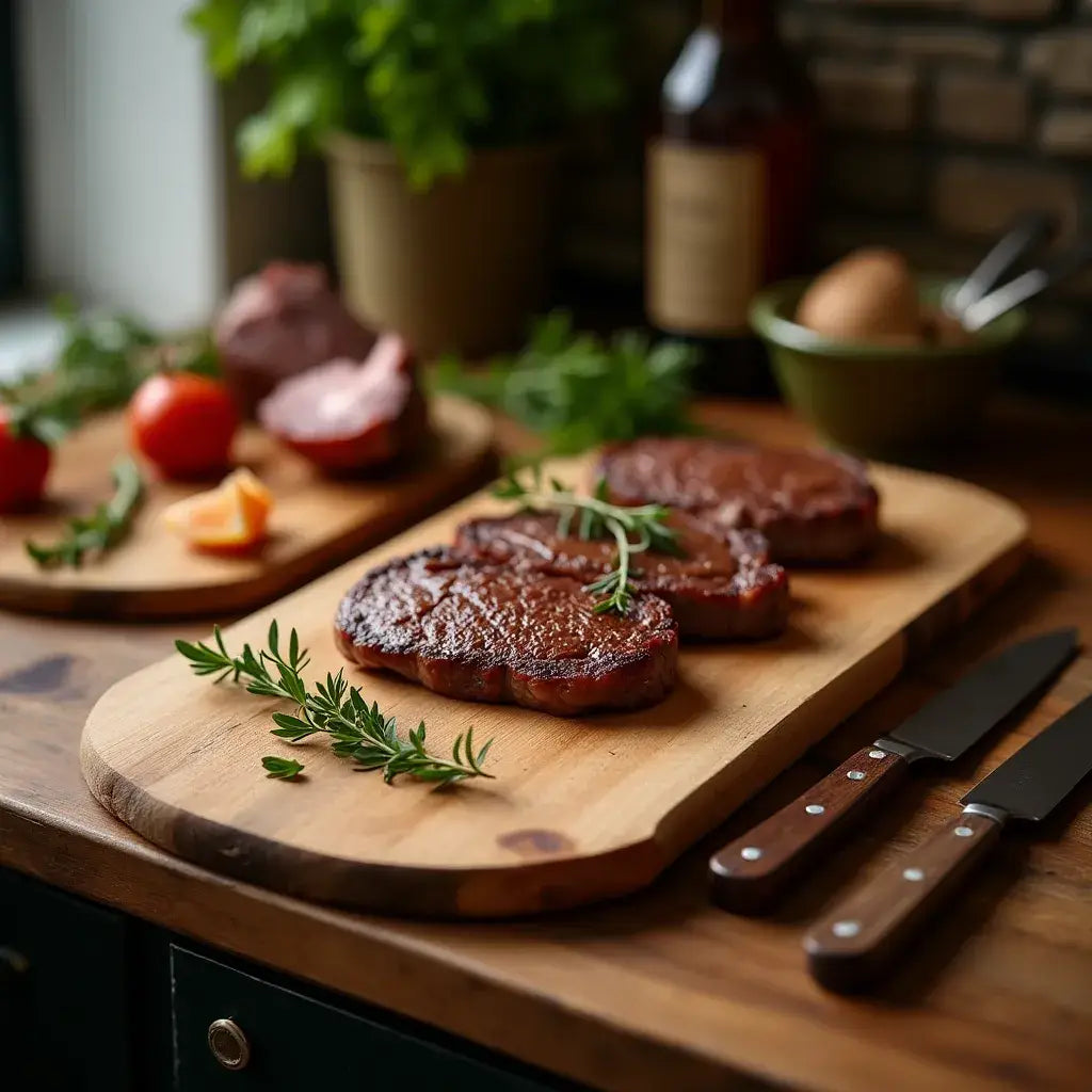 Zwei saftige Rindersteaks mit frischem Rosmarin auf einem Massivholz Servierbrett.