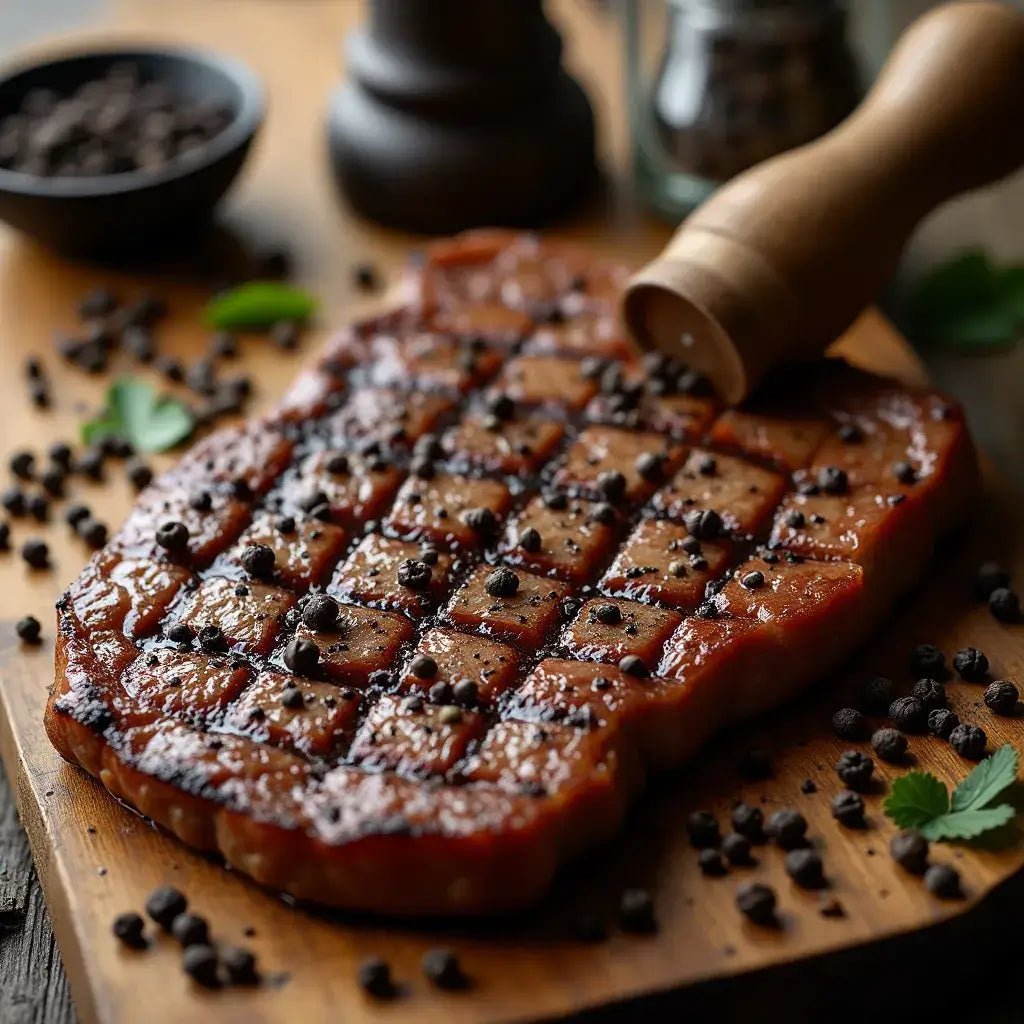 Gegrilltes Steak mit frisch gemahlenem Pfeffer auf einem Massivholz Servierbrett.