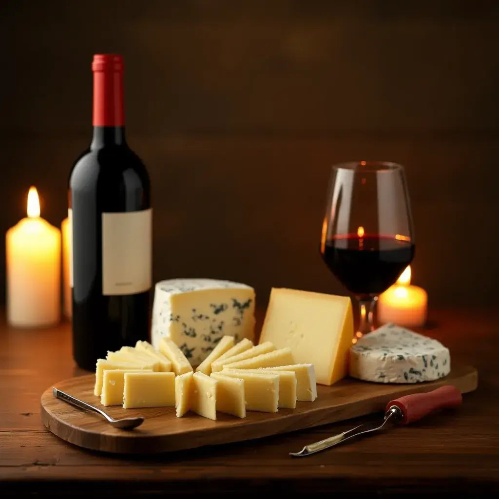 Holzbrett mit Käse, Wein und Kerzen für perfekt gewürztes Fleisch und Genuss.
