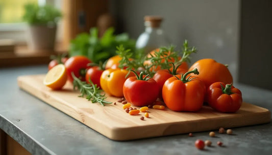 Frische rote und orange Tomaten auf einem Holz Schneidebrett für Arbeitsplatte