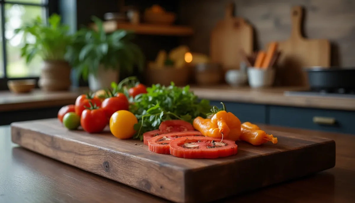Frische Tomaten und Kräuter auf einem hochwertigen Schneidebrett aus Nussbaum mit Saftrille