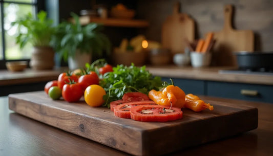 Frische Tomaten und Kräuter auf einem hochwertigen Schneidebrett aus Nussbaum mit Saftrille