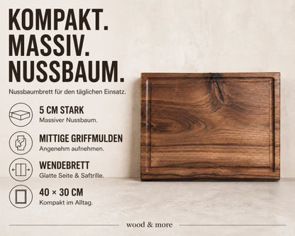 Nussbaum Schneidebrett 40x30 – 5 cm stark mit Griffmulden