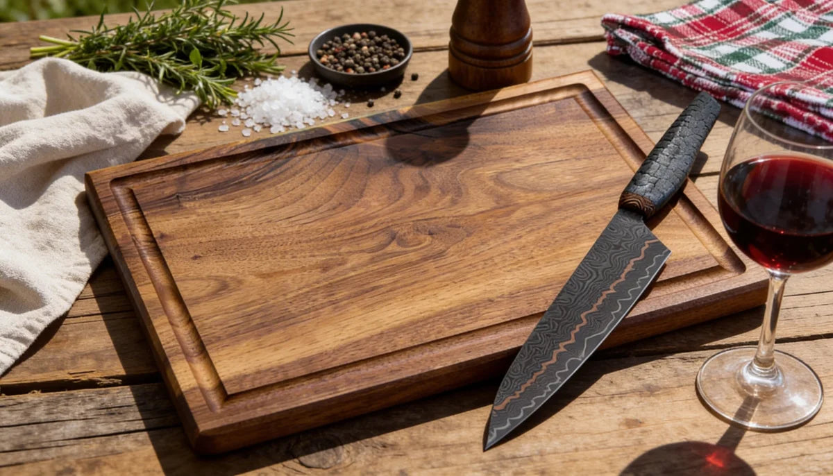 Nussbaum Schneidebrett 40x30x4 cm mit Saftrille – CHEFBRETT S mit Messer