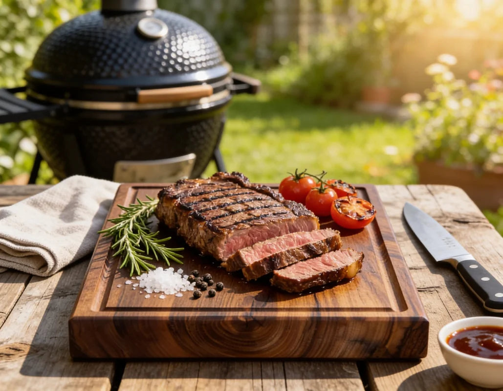 Nussbaum Schneidebrett 40x30x4cm in heller BBQ-Szene mit Steak, Kräutern und Messer – massives Holzbrett für Grill, Küche und stilvolles Servieren