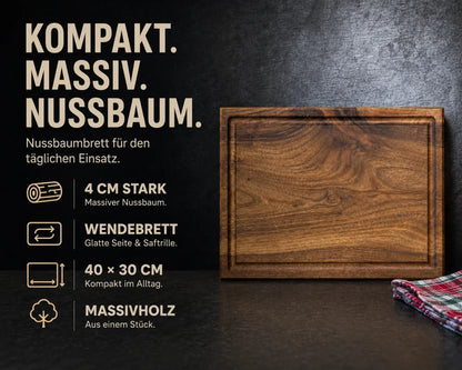 Eiche-Schneidebrett 50 × 40 × 4 cm im Magazin-Stil mit Saftrille, massiver Ausführung und großer Arbeitsfläche.