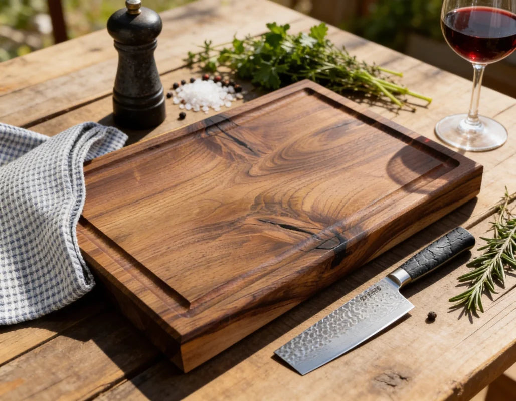 Chefbrett S Premium aus Nussbaum 40x30x5 cm, massives Schneidebrett aus Vollholz mit Saftrille für Küche, Grill und präzise Vorbereitung