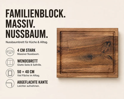Nussbaum-Schneidebrett 50 × 40 × 4 cm im Magazin-Stil, mit Wendebrett-Funktion, Saftrille, glatter Seite und abgeflachter Kante.