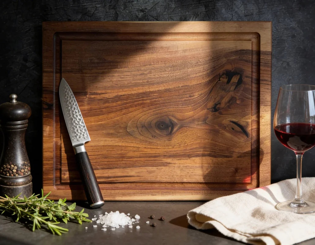 Massives Schneidebrett aus Nussbaum 50x40x4 cm, handgefertigtes Holzbrett für Küche, BBQ, Servieren und komfortables Arbeiten mit viel Platz