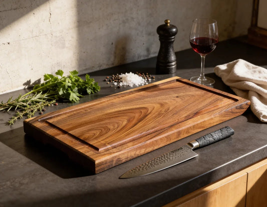 Schneidebrett Nussbaum 60x30x4 cm aus massivem Vollholz mit Saftrille, langes Küchenbrett für Fleisch, Grill, BBQ und großzügige Vorbereitung