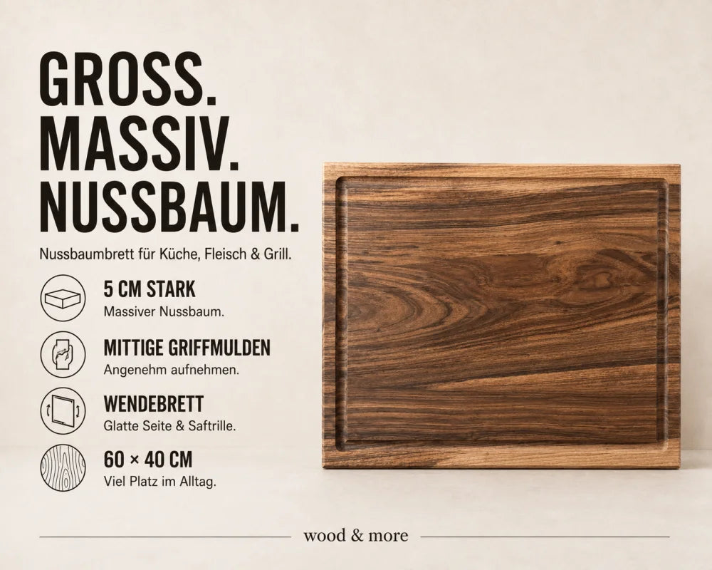 Nussbaum-Schneidebrett 60 × 40 × 5 cm im Magazin-Stil, als Wendebrett mit Saftrillenseite, glatter Rückseite und mittigen Griffmulden.
