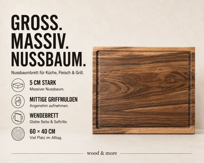Nussbaum-Schneidebrett 60 × 40 × 5 cm im Magazin-Stil, als Wendebrett mit Saftrillenseite, glatter Rückseite und mittigen Griffmulden.