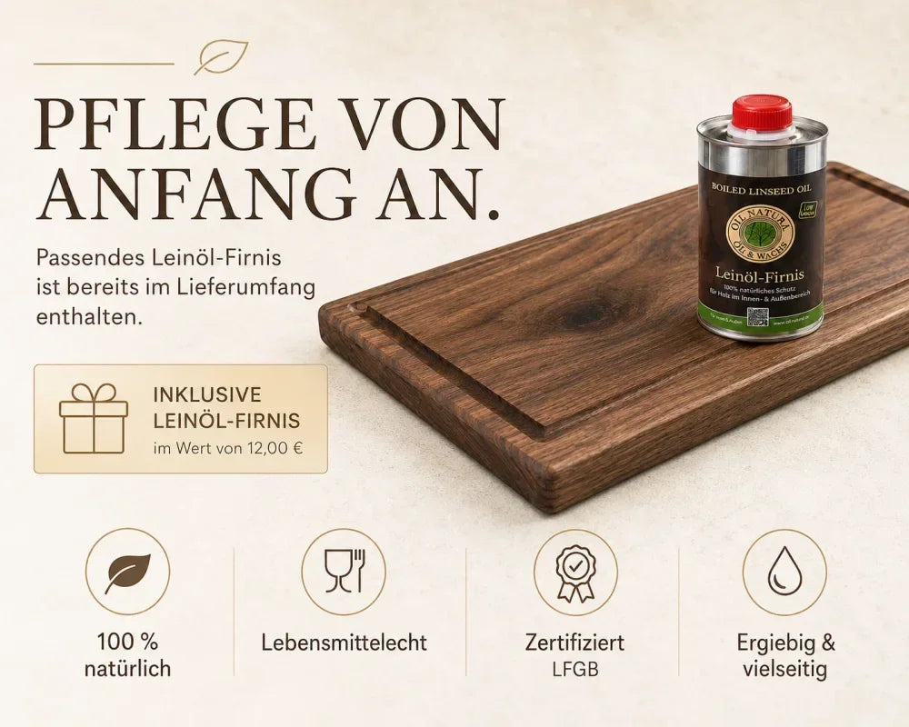 Eiche-Schneidebrett mit im Lieferumfang enthaltenem, lebensmittelecht zertifiziertem Leinöl-Firnis zur Holzpflege