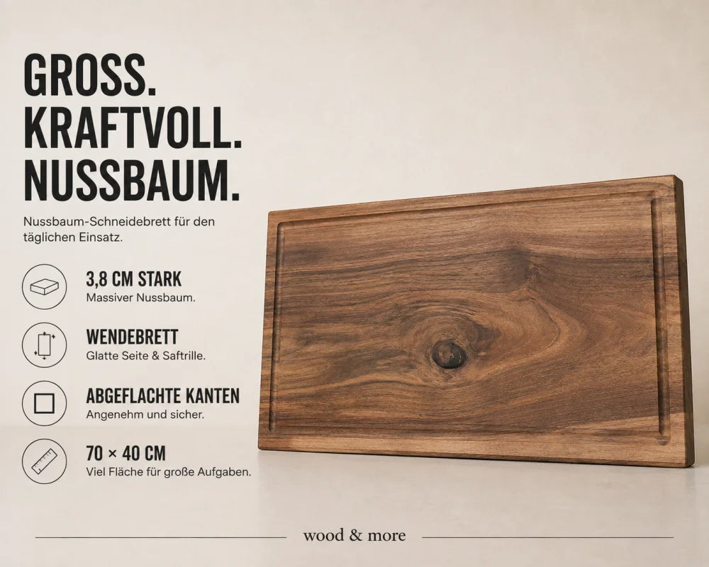 Nussbaum-Schneidebrett 70 × 40 × 3,8 cm im Magazin-Stil, als Wendebrett mit Saftrillenseite, glatter Rückseite und abgeflachten Kanten.