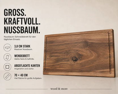 Nussbaum-Schneidebrett 70 × 40 × 3,8 cm im Magazin-Stil, als Wendebrett mit Saftrillenseite, glatter Rückseite und abgeflachten Kanten.