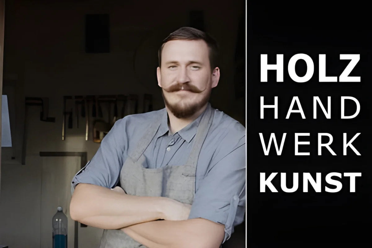 Craftsperson in apron and handlebar mustache promotes OLI-NATURA Leinöl-Firnis
